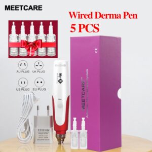 Derma Pen Wired Professional Microneedling Pen Exfoliate Shrink Pores Mesotherapy Auto Micro Needle Dermapen with 5pc Cartridge